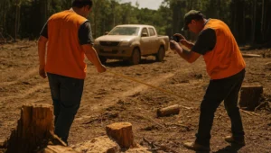 Agentes de fiscalizacao medindo com trena uma clareira recem-aberta, cena ligada ao erro de enquadramento do auto de infracao ambiental