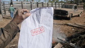 Mao segura folha de processo com carimbo vermelho NULO, tema da intimacao para alegacoes finais no processo administrativo
