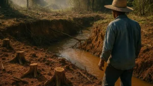 Margem de córrego com mata ciliar derrubada e barranco erodido, cena de dano ambiental que gera pedido de indenização