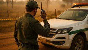 Fiscal ambiental fardado de costas usa rádio ao lado da viatura em estrada de terra, cena ligada à prescrição da pena de multa