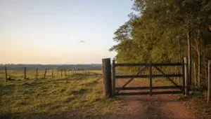 Porteira fechada na entrada de propriedade rural, cena ligada à responsabilidade por infração ambiental administrativa do autuado.
