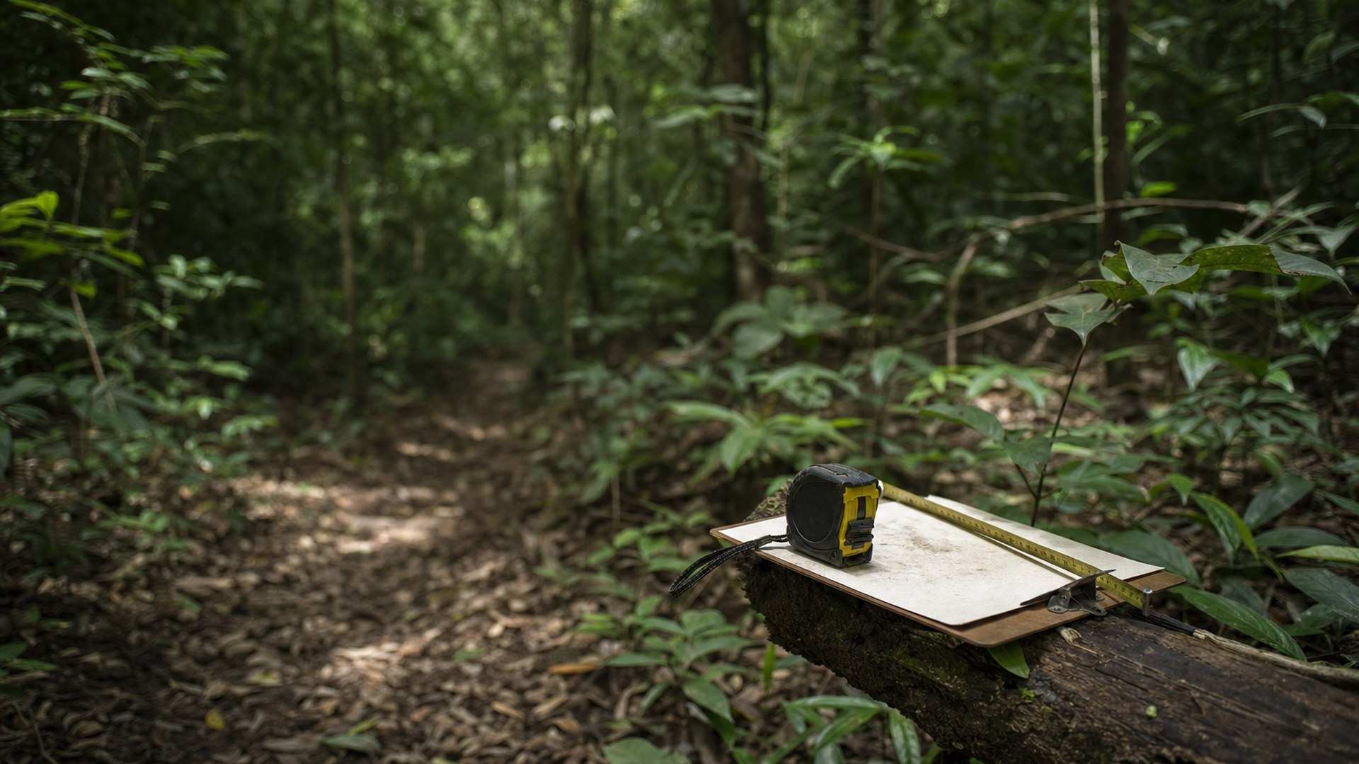 Trilha em mata nativa com trena e prancheta sobre tronco caído, cena ligada à discussão sobre auto de infração vira crime ambiental.