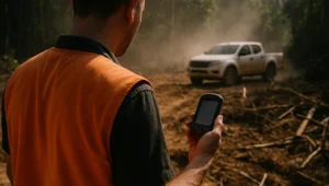Homem de costas com colete laranja segurando GPS de mão em clareira aberta na mata, registro da localização da área