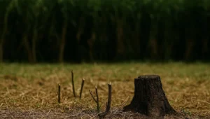 Limite onde a rocadeira parou no pasto, com capim curto e caules de invasora cortados em primeiro plano e a vegetacao alta desfocada ao fundo