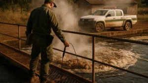 Fiscal ambiental mede efluente com sonda em tanque de espuma marrom, cena ligada ao auto de infração por poluição