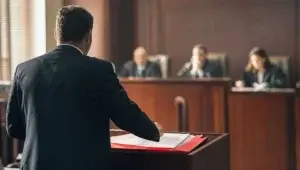 Advogado de costas em sustentacao oral diante da bancada de julgamento, com capa vermelha de processo sobre a tribuna e julgadores ao fundo
