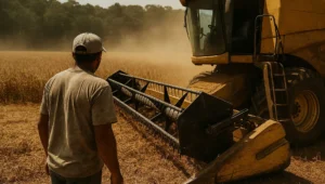 Colheitadeira parada em lavoura de soja madura com trabalhador de costas, cena de embargo ambiental sem cautelaridade