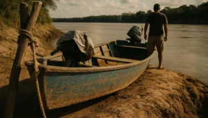 Embarcação de pesca de casco azul amarrada por corda no barranco do rio, com o proprietário de costas ao lado do bem apreendido