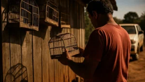 Gaiolas de madeira antigas na varanda de casa rural, uma vazia apos apreensao, cena ligada a regularizacao de animal silvestre