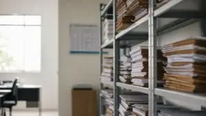 Arquivo de escritório com pilhas de processos e calendário de parede, cena ligada à prescrição intercorrente na execução fiscal.
