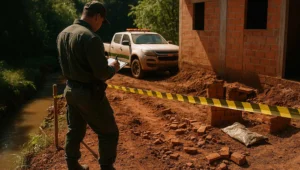 Obra inacabada isolada por fita amarela na margem de córrego, cena de construir em área de preservação permanente