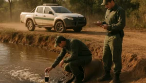 Fiscais ambientais fardados coletando amostra de água em rio, cena que antecede a discussão de competência em crime ambiental