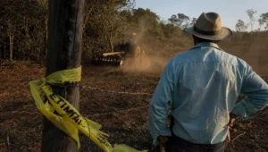 Fita amarela de embargo rompida em mourão de cerca, com trator trabalhando ao fundo dentro da área rural embargada
