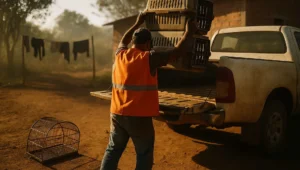 Transação penal animal silvestre: caixas com aves apreendidas sendo carregadas na caminhonete do órgão ambiental em quintal rural