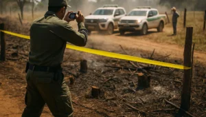 Agente de fiscalização fotografa área queimada isolada por fita, com duas viaturas ao fundo, cena de bis in idem no auto de infração ambiental