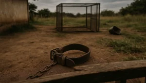 Coleira de couro e corrente enferrujada largadas na terra ao lado de canil de tela vazio em quintal de sitio