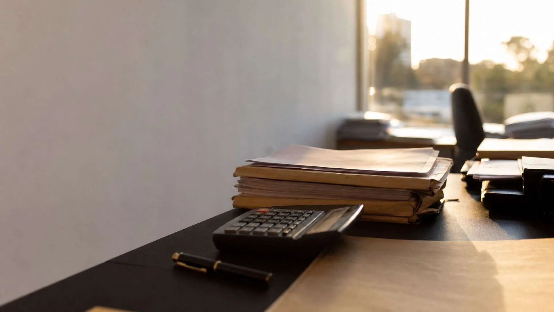 Mesa de escritório com documentos empilhados, calculadora e caneta, cena ligada à prescrição da multa ambiental.