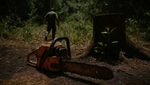 Motosserra enferrujada abandonada ao lado de toco antigo coberto por rebrota em clareira aberta há anos na mata nativa