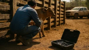 Veterinário de campo agachado examinando um bezerro em curral de madeira, cena ligada à prova técnica no crime de maus-tratos a animais
