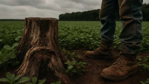 Lavoura de soja adulta cobrindo area de mata suprimida, com toco de arvore nativa apodrecido entre as plantas e parede de mata nativa ao fundo