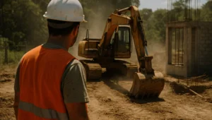 Obra parada com escavadeira e estrutura de concreto inacabada em area rural, cena ligada a licenca ambiental posterior ao fato
