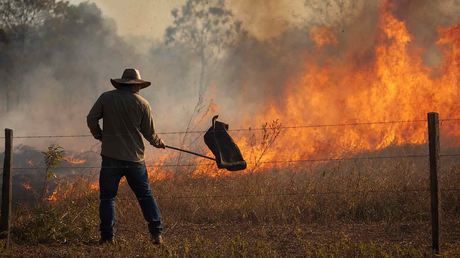 Homem de chapéu combate com abafador as chamas em pastagem na divisa de propriedade rural, cena de quem foi multado por incêndio