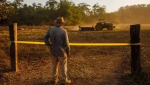 Fita amarela de isolamento na entrada de area rural embargada, com trabalhador de costas e pastagem ao fundo no fim da tarde
