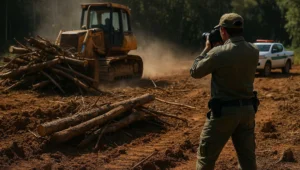 Trator de esteira empurra leira de troncos derrubados na borda da floresta enquanto agente de fiscalização ambiental fotografa a área
