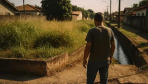 Lote urbano vazio com mato alto entre casas e corrego ao lado, cena ligada a classificacao como area de risco de desastre