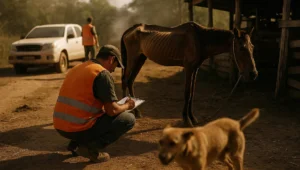 Agente de fiscalização ambiental de colete laranja agachado ao lado de cavalo magro em propriedade rural durante vistoria por maus-tratos a animais