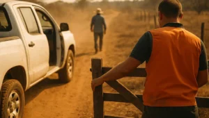 Agente de fiscalização de colete laranja fecha a porteira de propriedade rural depois da autuação que inicia o prazo de defesa