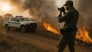 Agente de fiscalização ambiental registra frente de fogo em pastagem seca, cena da autuação que dará origem à cobrança da multa ambiental