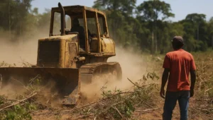 Trator de esteira derrubando rebrota de vegetacao nativa em area rural, cena ligada a prescricao da infracao ambiental permanente