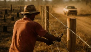 Trabalhador rural estica cerca nova em pastagem com tocos antigos, cena ligada à responsabilidade do adquirente de área desmatada
