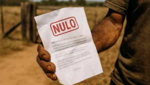 Mao suja de terra segura documento impresso com carimbo vermelho de nulidade diante de porteira de propriedade rural