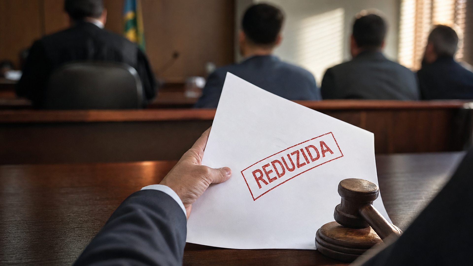 Advogado segura documento com carimbo vermelho de reduzida em sala de audiência, ilustrando a redução do valor da multa ambiental