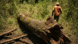 Tronco de árvore nativa derrubada há anos e apodrecido em área de rebrota, cena ligada à dúvida sobre a data da infração no desmatamento