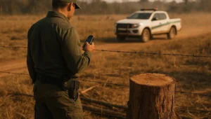 Agente de fiscalização ambiental de costas registra com GPS o toco de árvore cortada em pastagem cercada