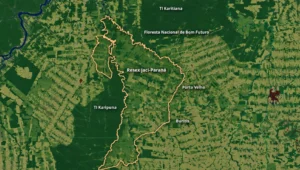 Mapa de satélite com os limites da Resex Jaci-Paraná, em Rondônia, área alcançada pela Lei Complementar 1.274/2025