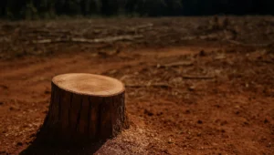 Toco de arvore recem-cortado em clareira rural sem nenhum equipamento de medicao por perto, area nunca apurada pela fiscalizacao