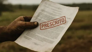 Mão calejada de produtor rural segura ao ar livre um documento borrado com carimbo vermelho PRESCRITO, referência ao prazo do auto de infração