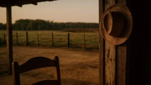 Varanda de casa de fazenda com chapéu de palha e, ao fundo, pasto e área derrubada em propriedade autuada sem individualização da conduta