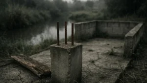 Ferragem enferrujada de obra de alvenaria inacabada na margem de curso d’água, construção em área de preservação permanente