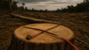 Toco de arvore nativa recem-cortada com trena vermelha esticada sobre o corte, cena de pericia em processo por crime ambiental