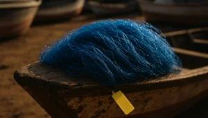 Rede de pesca azul e lacre amarelo na proa de barco de madeira apreendido, cena que ilustra o perdimento de embarcacao.