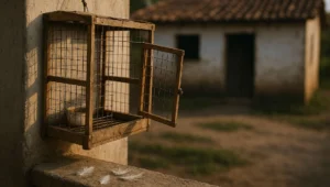 Gaiola artesanal vazia com a porta aberta e penas soltas no parapeito, simbolizando animal silvestre apreendido pelo Ibama