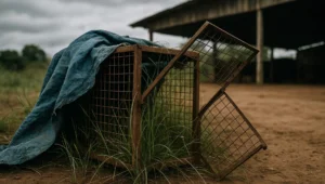 Gaiola de transporte de animal silvestre vazia e enferrujada, ilustrando processo por maus-tratos a animais e sua prescrição penal
