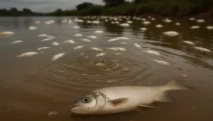 Peixes mortos boiando em rio barrento após pesca com explosivo, evidência discutida em auto de infração ambiental