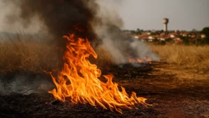Fogo avança em pastagem seca e a fumaça segue rumo a uma pequena cidade, cenário discutido no dano moral coletivo ambiental