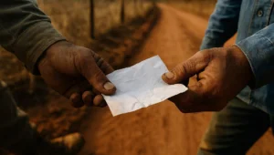 Maos calejadas de dois homens passando um documento dobrado na beira de estrada de terra de propriedade rural apos autuacao ambiental